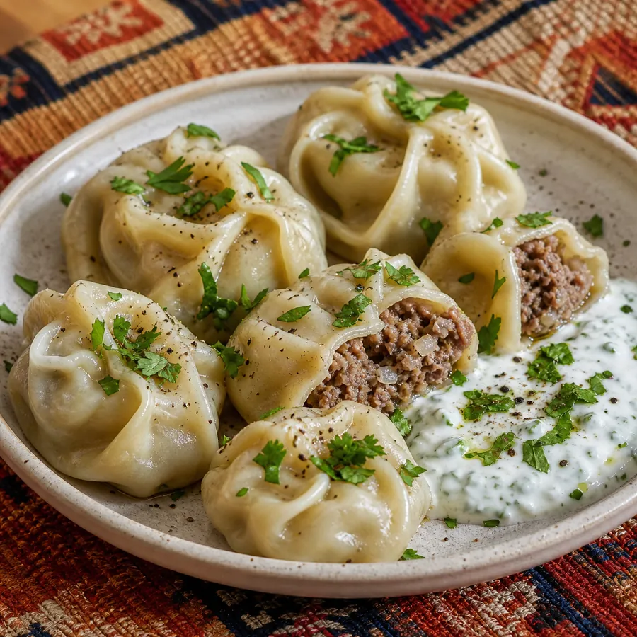Steamed Uzbek beef manti dumplings with herb yogurt