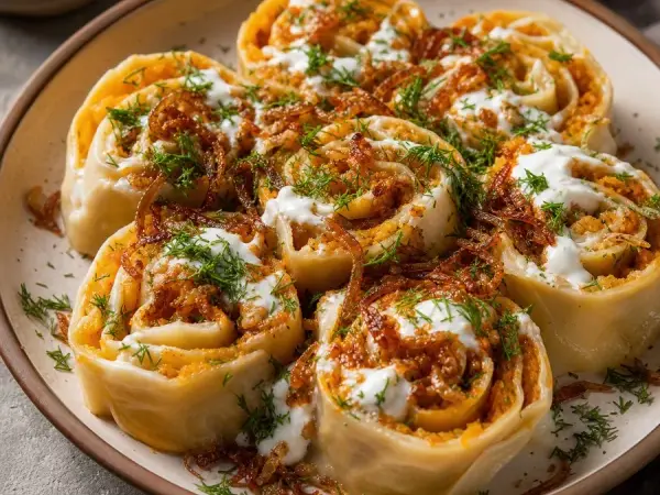 Uzbek Khanum Pumpkin Rolls, original finished dish food photograph