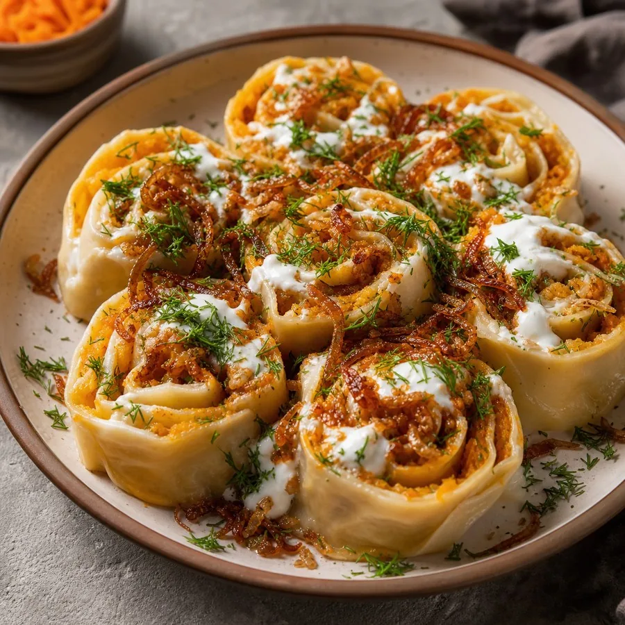 Uzbek Khanum Pumpkin Rolls, original finished dish food photograph