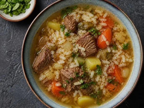 Uzbek Mastava Beef Rice Soup, original finished dish food photograph