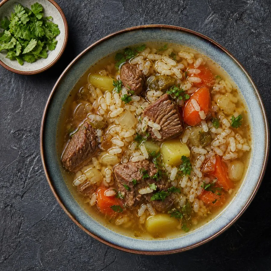 Uzbek Mastava Beef Rice Soup, original finished dish food photograph