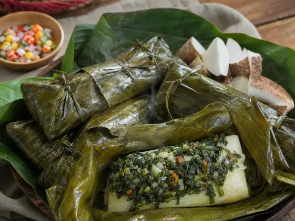 Vanuatuan Simboro Greens Cassava Parcels, plated as a finished dinner