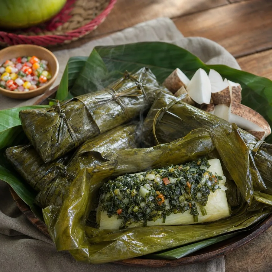 Vanuatuan Simboro Greens Cassava Parcels, plated as a finished dinner
