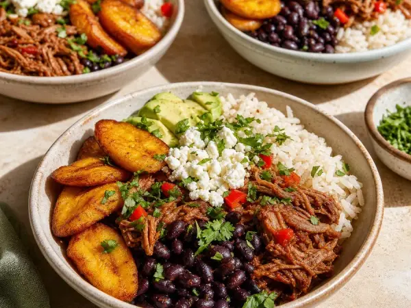 Venezuelan Pabellon Black Bean Plantain Bowls, finished dish