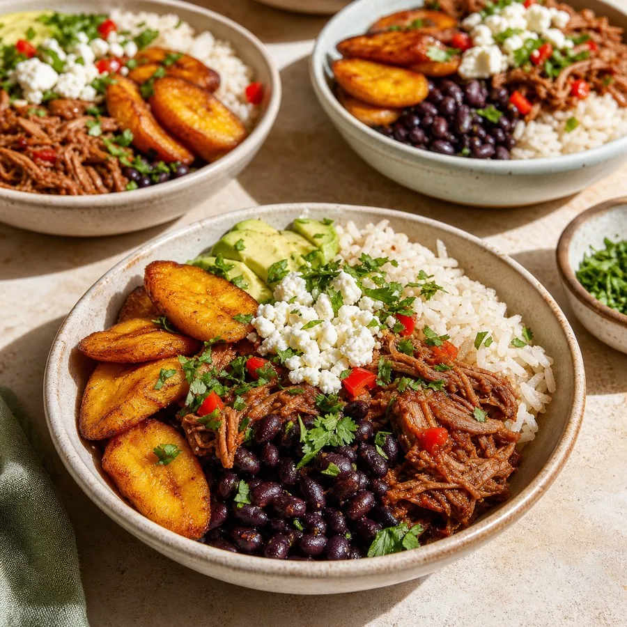 Venezuelan Pabellon Black Bean Plantain Bowls, finished dish