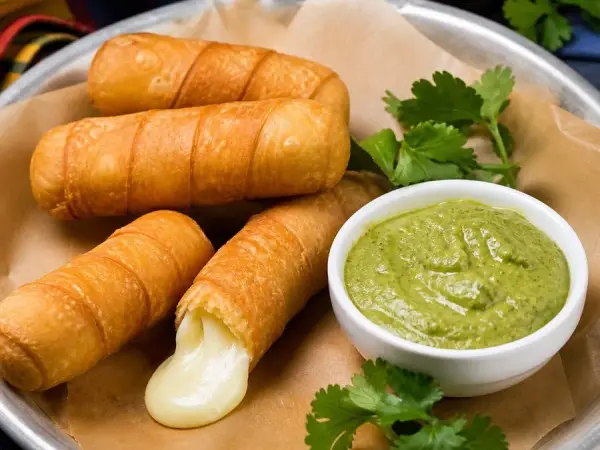 Venezuelan Tequeno Cheese Sticks with Guasacaca, finished dish