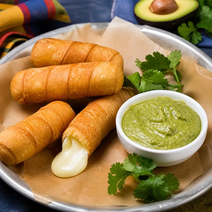 Venezuelan Tequeno Cheese Sticks with Guasacaca, finished dish