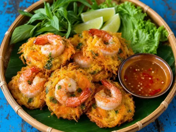 Vietnamese Banh Cong Sweet Potato Prawn Fritters, finished dish