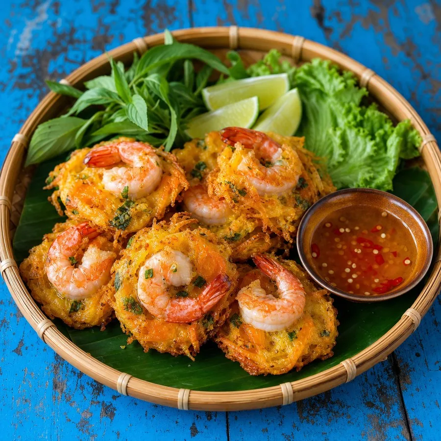Vietnamese Banh Cong Sweet Potato Prawn Fritters, finished dish