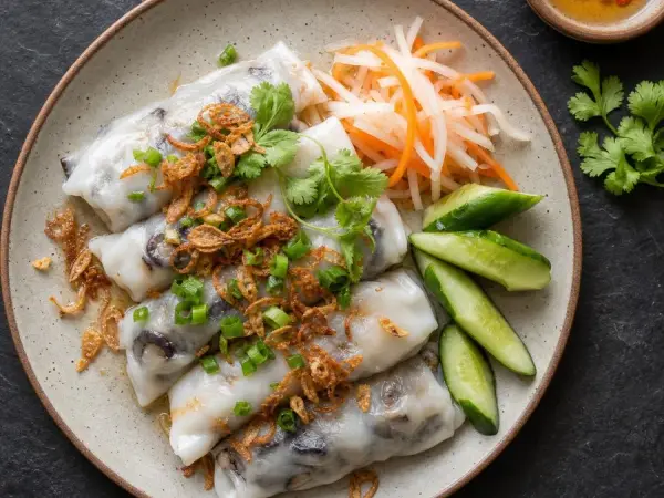Vietnamese Banh Cuon Mushroom Rolls, original finished dish food photograph