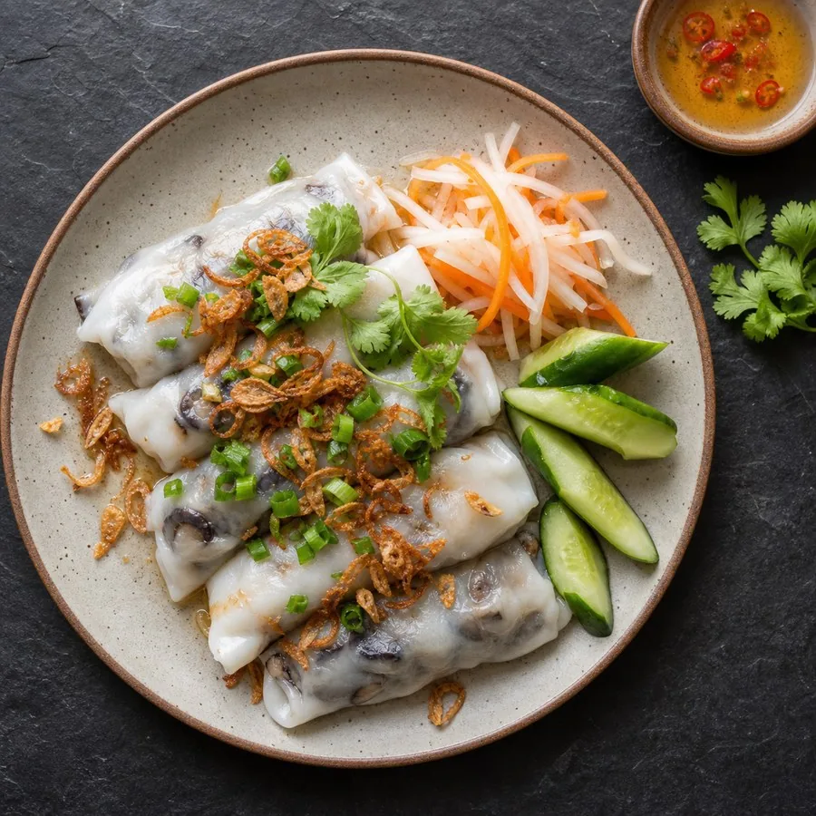 Vietnamese Banh Cuon Mushroom Rolls, original finished dish food photograph