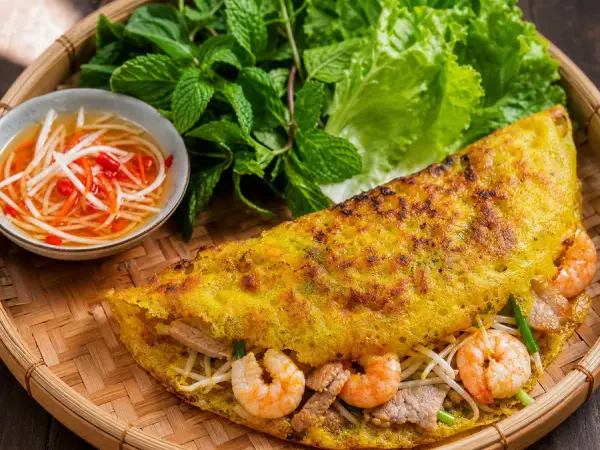 Vietnamese Banh Xeo with Shrimp and Herbs, finished dish