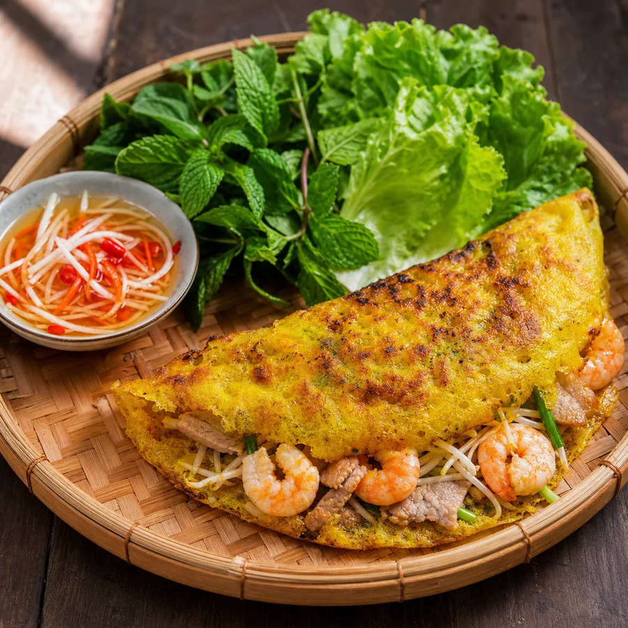 Vietnamese Banh Xeo with Shrimp and Herbs, finished dish