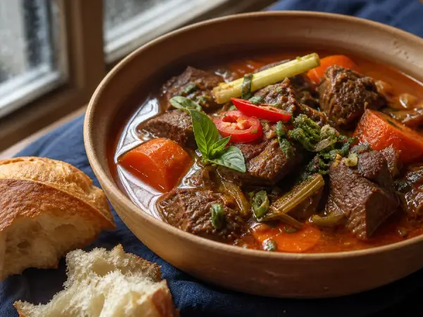 Vietnamese Bo Kho Beef Stew with Bread, finished dish