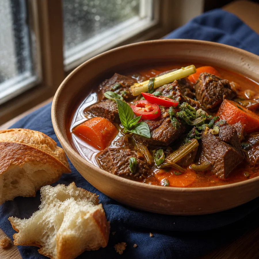 Vietnamese Bo Kho Beef Stew with Bread, finished dish