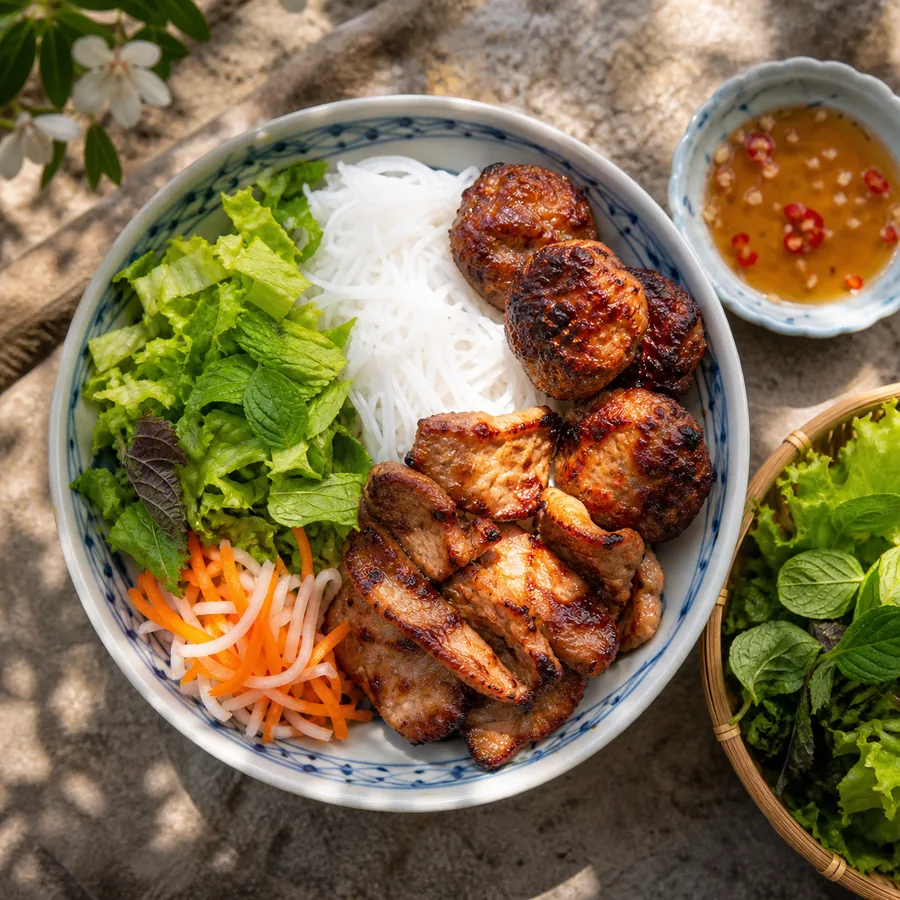 Vietnamese Bun Cha Pork Noodle Bowls, finished dish