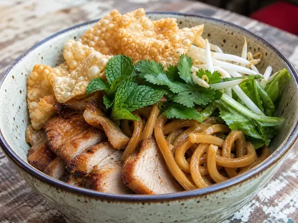 Vietnamese Cao Lau Noodles with Pork, finished dish