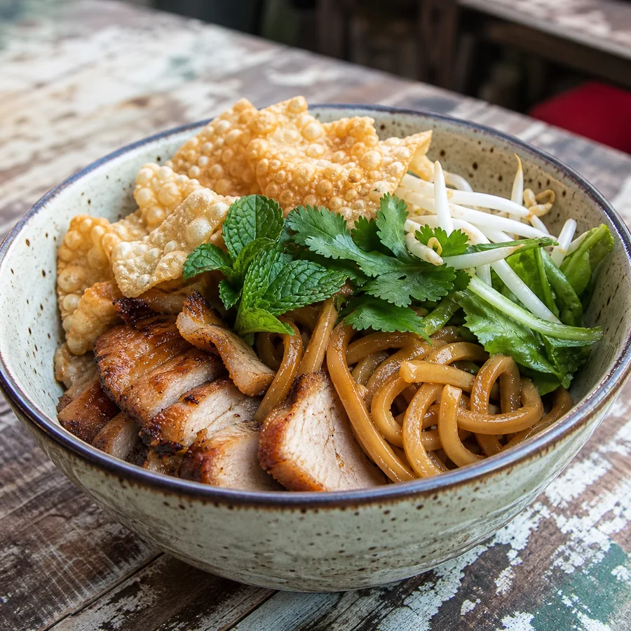 Vietnamese Cao Lau Noodles with Pork, finished dish