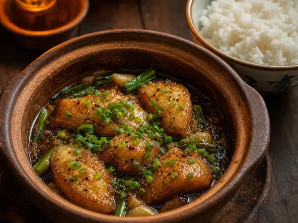 Vietnamese Caramel Fish Clay Pot with Rice, finished dish