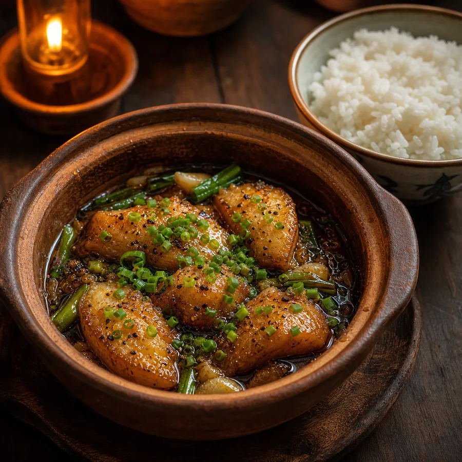 Vietnamese Caramel Fish Clay Pot with Rice, finished dish