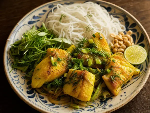 Vietnamese Cha Ca Turmeric Fish with Dill, finished dish