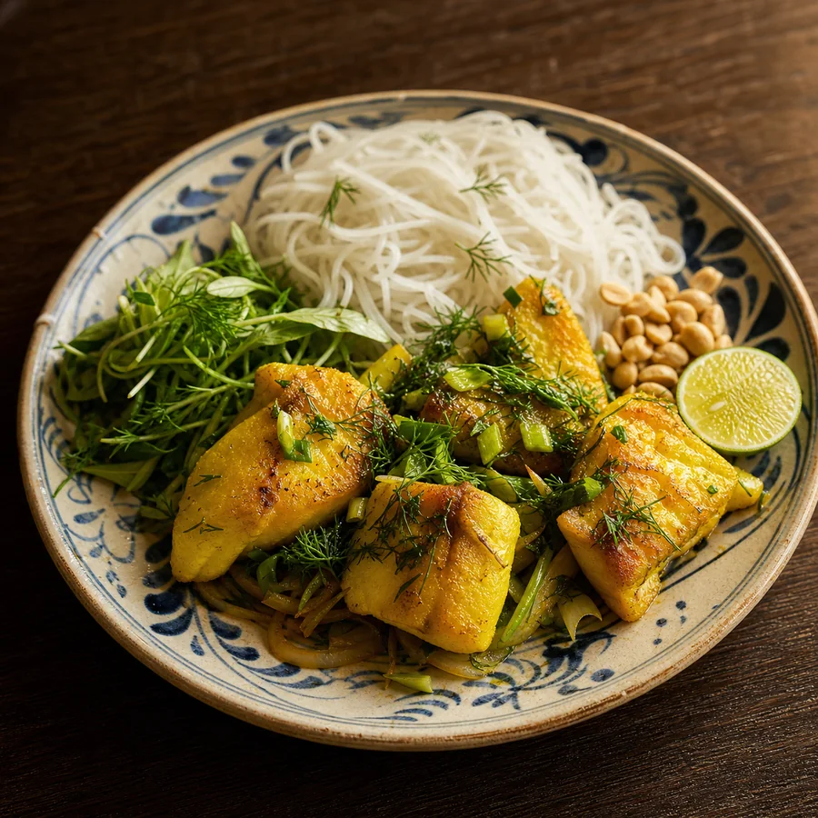 Vietnamese Cha Ca Turmeric Fish with Dill, finished dish