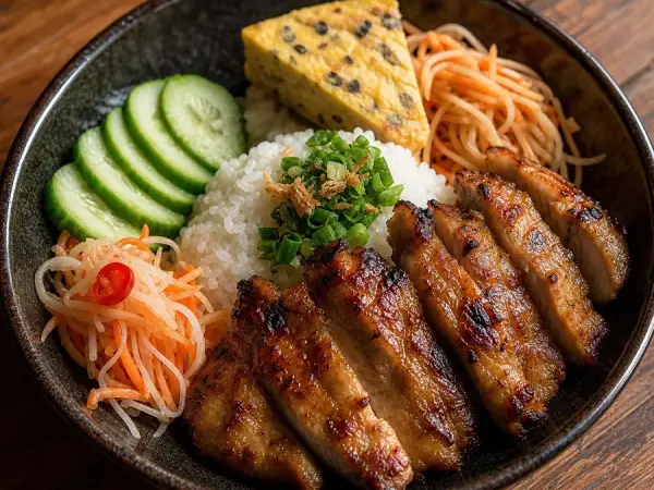 Vietnamese Com Tam Grilled Pork Rice, original finished dish food photograph