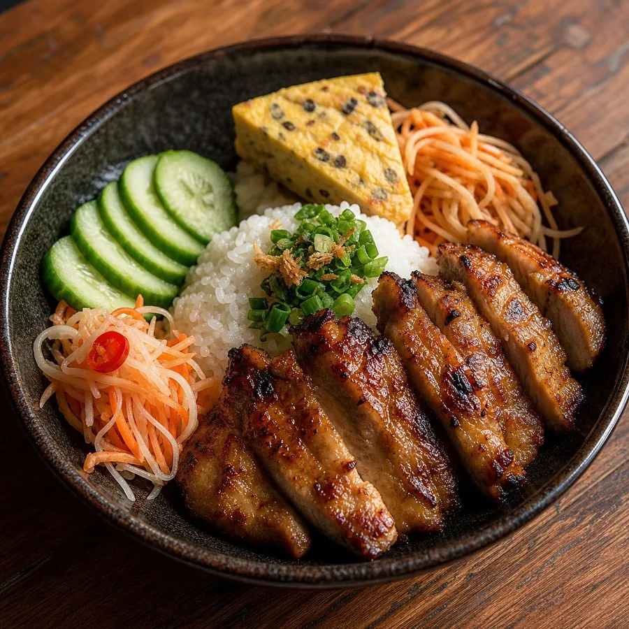 Vietnamese Com Tam Grilled Pork Rice, original finished dish food photograph