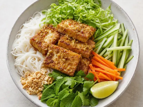 Vietnamese Lemongrass Tofu Noodle Bowls, finished dish