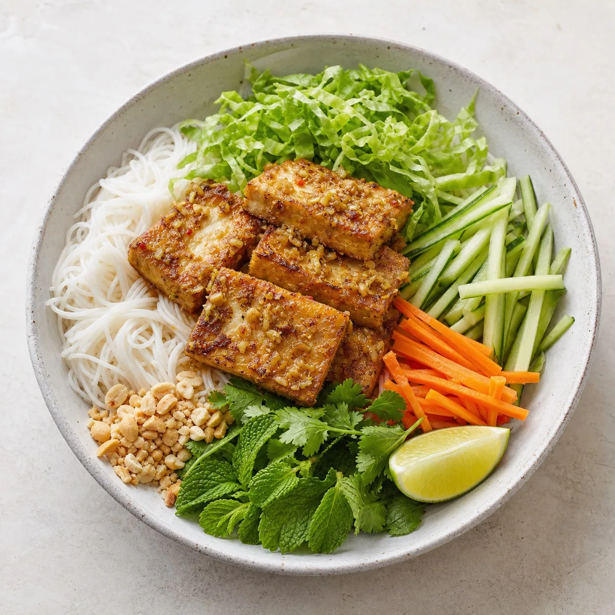 Vietnamese Lemongrass Tofu Noodle Bowls, finished dish