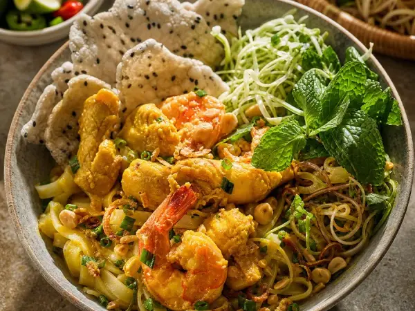Vietnamese Mi Quang Turmeric Noodles, original finished dish food photograph
