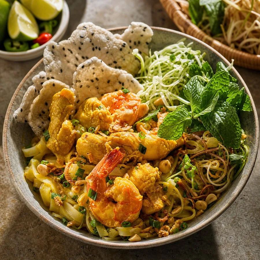 Vietnamese Mi Quang Turmeric Noodles, original finished dish food photograph