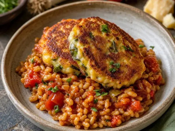 Welsh Glamorgan Sausages with Tomato Barley, plated and ready to serve