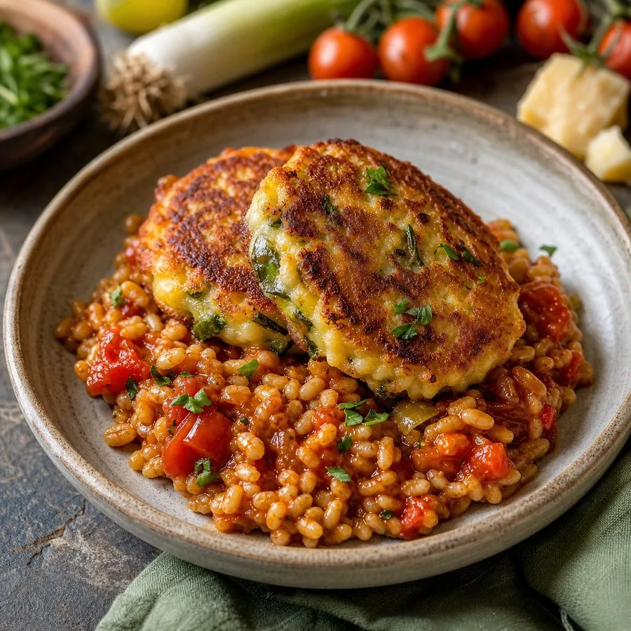 Welsh Glamorgan Sausages with Tomato Barley, plated and ready to serve