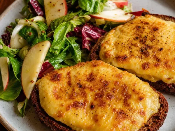 Welsh Rarebit Potato Toasts with Apple Salad, finished dish