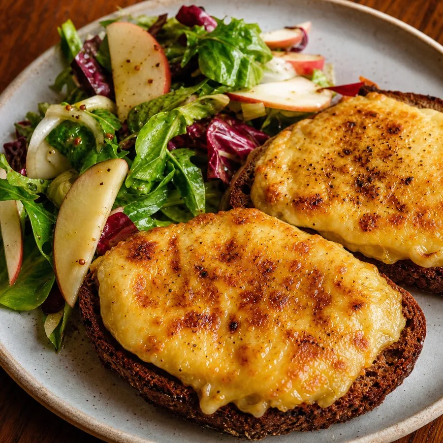 Welsh Rarebit Potato Toasts with Apple Salad, finished dish