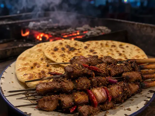 Xinjiang Cumin Lamb Skewers with Flatbread, finished dish