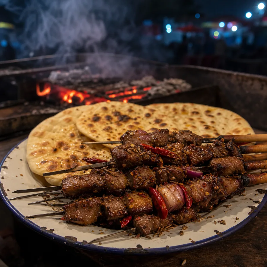 Xinjiang Cumin Lamb Skewers with Flatbread, finished dish