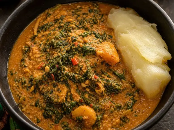 Yapese Cassava Leaf Peanut Stew, plated as a finished dinner