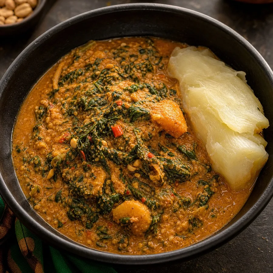 Yapese Cassava Leaf Peanut Stew, plated as a finished dinner