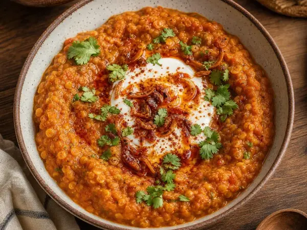 Yemeni Aseedah-Inspired Tomato Lentil Bowl, finished dish