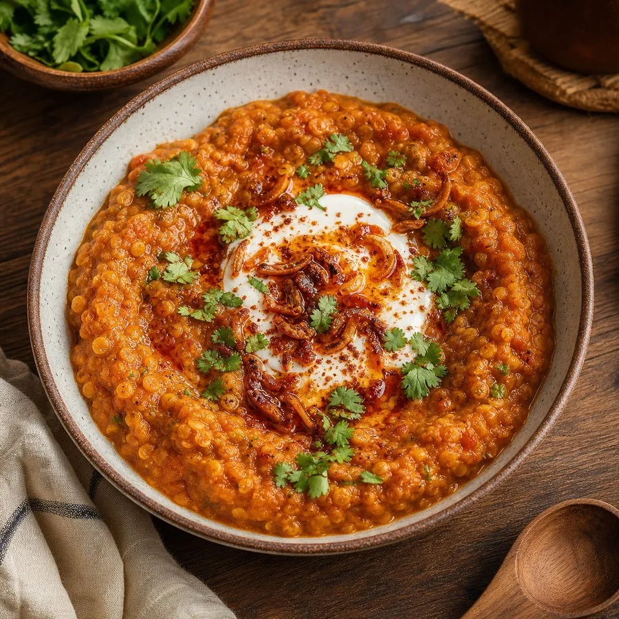 Yemeni Aseedah-Inspired Tomato Lentil Bowl, finished dish