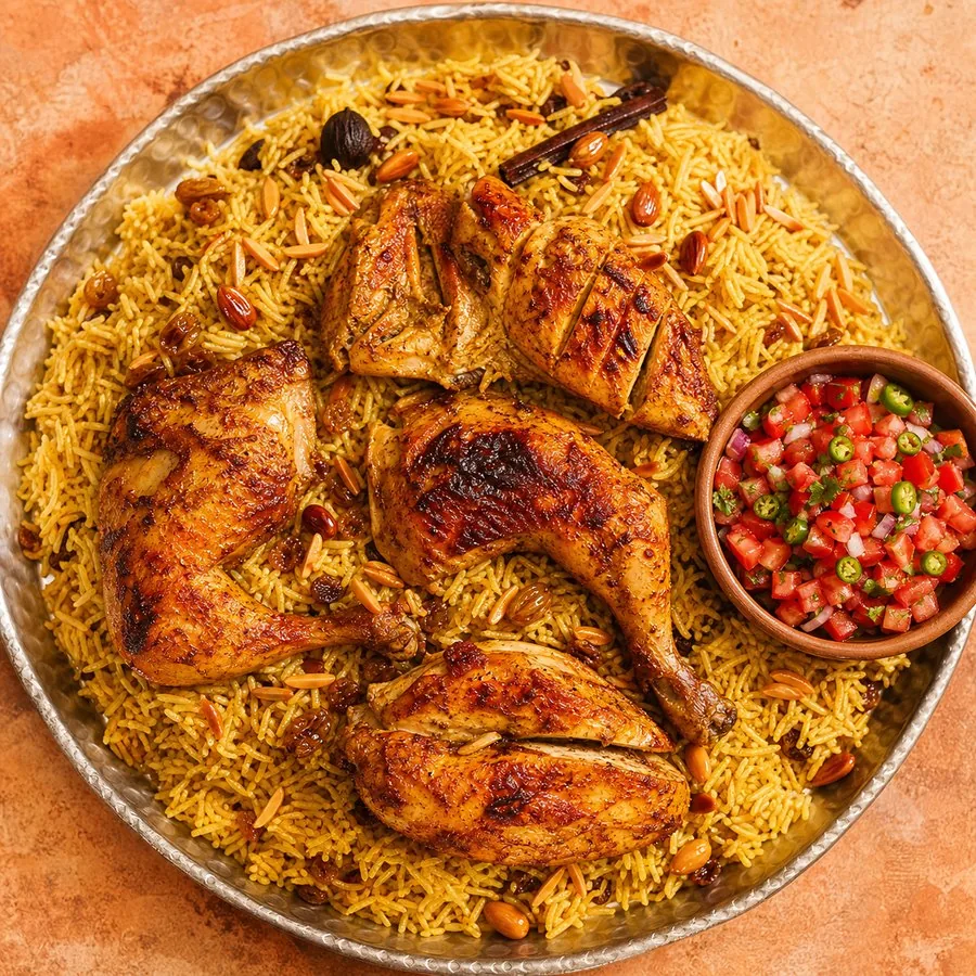 Yemeni Chicken Mandi with tomato salsa on a metal platter