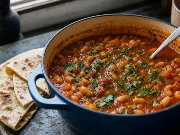 Yemeni Fasolia white bean stew with flatbread