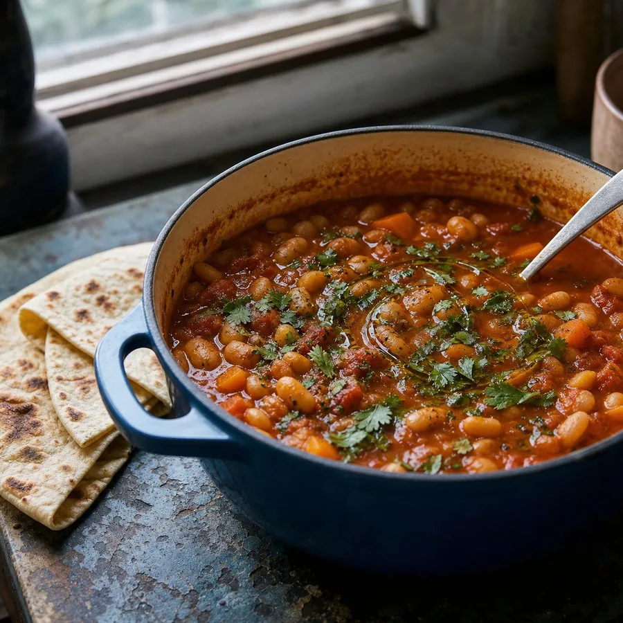 Yemeni Fasolia white bean stew with flatbread