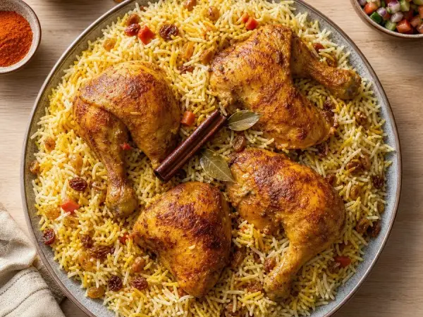 Yemeni Mandi Chicken and Raisin Rice, finished dinner
