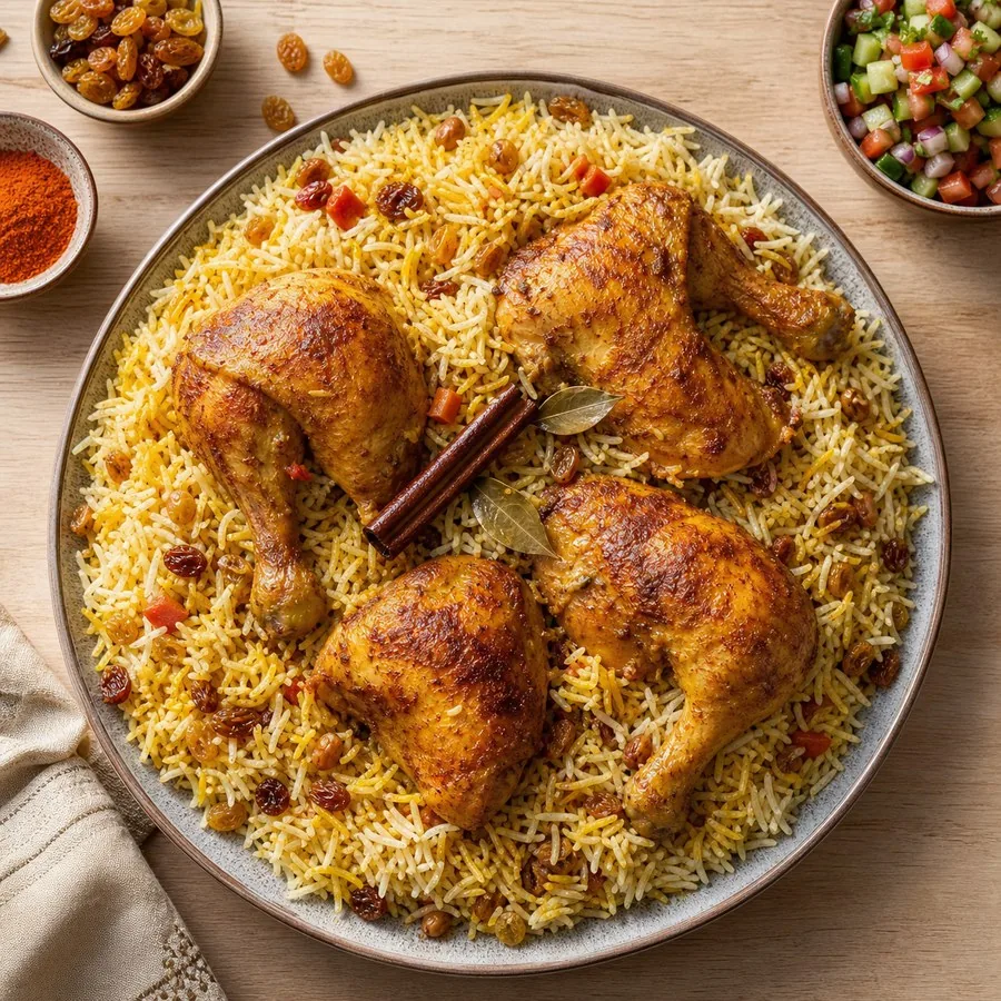 Yemeni Mandi Chicken and Raisin Rice, finished dinner