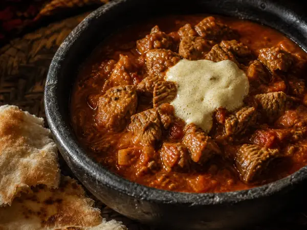 Yemeni Saltah Lamb with fenugreek topping and flatbread