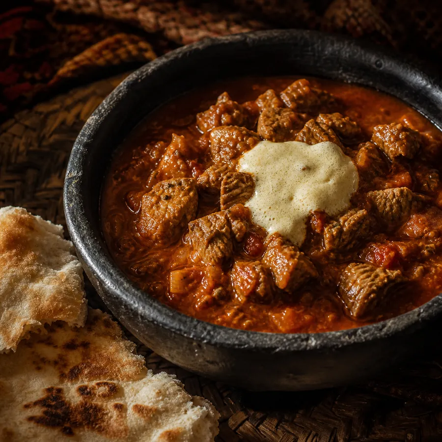 Yemeni Saltah Lamb with fenugreek topping and flatbread