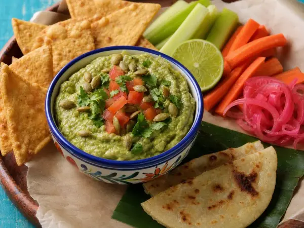 Yucatecan Sikil Pak Pumpkin Seed Dip Platters, finished dish